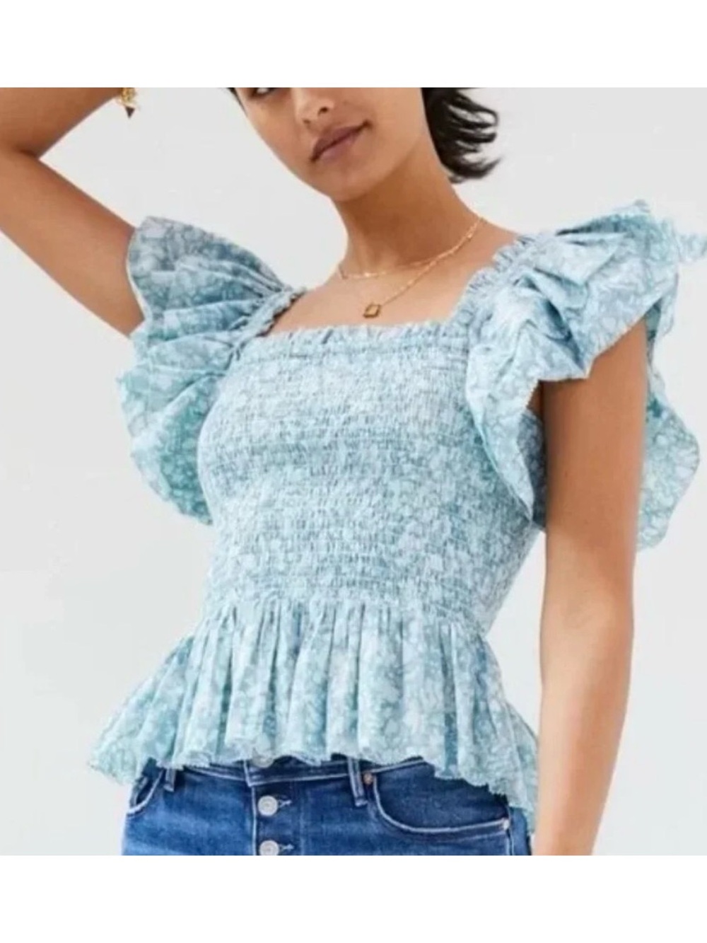 Smocked Ruffle-Sleeve Peplum Top - Light Blue Floral